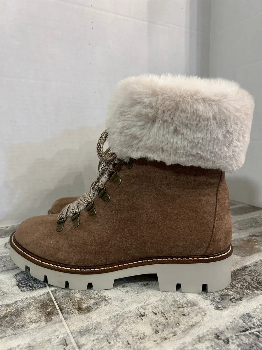 White Mountain Women's Brown Suede Faux-Fur Trim Lace-Up Ankle Boots Chunky Heel